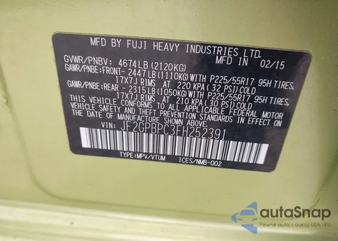 2015 Subaru Xv Crosstrek Hybrid Touring z USA, uszkodzony, nr VIN JF2GPBPC3FH252391